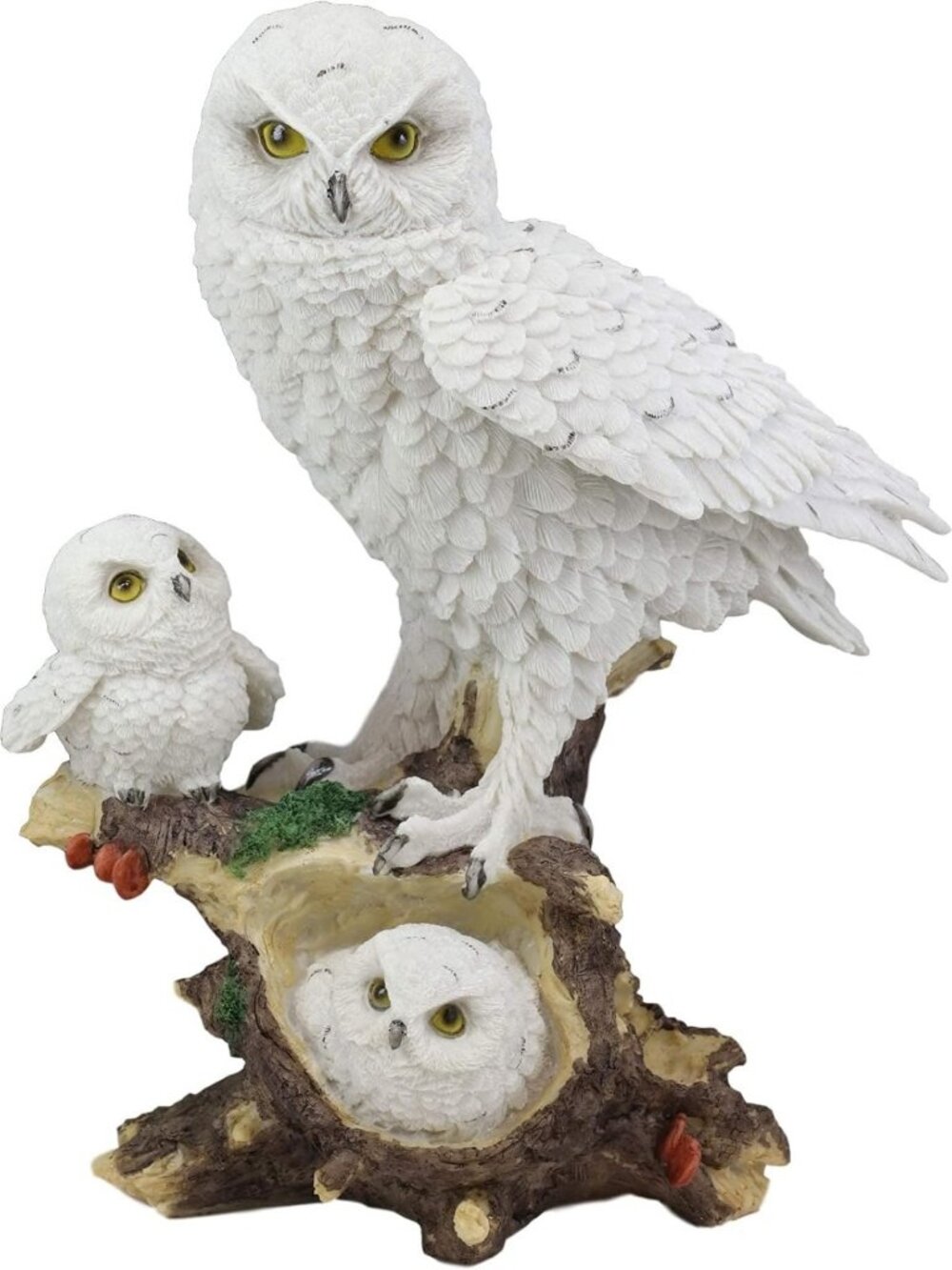 Whimsical Snowy Owl Statue with Baby Owlets - 12" Tall Tundra Forest Decor